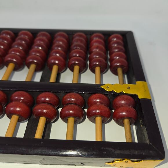 Lotus Flower Abacus 13 Row 91 Red Bead Black Wood Brass Brackets 5" x 10" #3134 - Picture 9 of 11